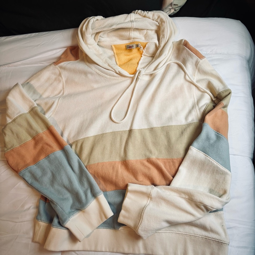 Faherty Women's Striped Cowl Neck Hoodie in Cream, Tan, and Blue